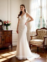 APJbridal Simple V-Neck A-Line Chiffon Wedding Dress with Sweep Train